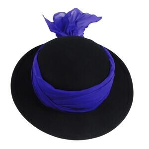 Bowler Derby Wool Felt Hat in Black with Purple Scarf Wrap